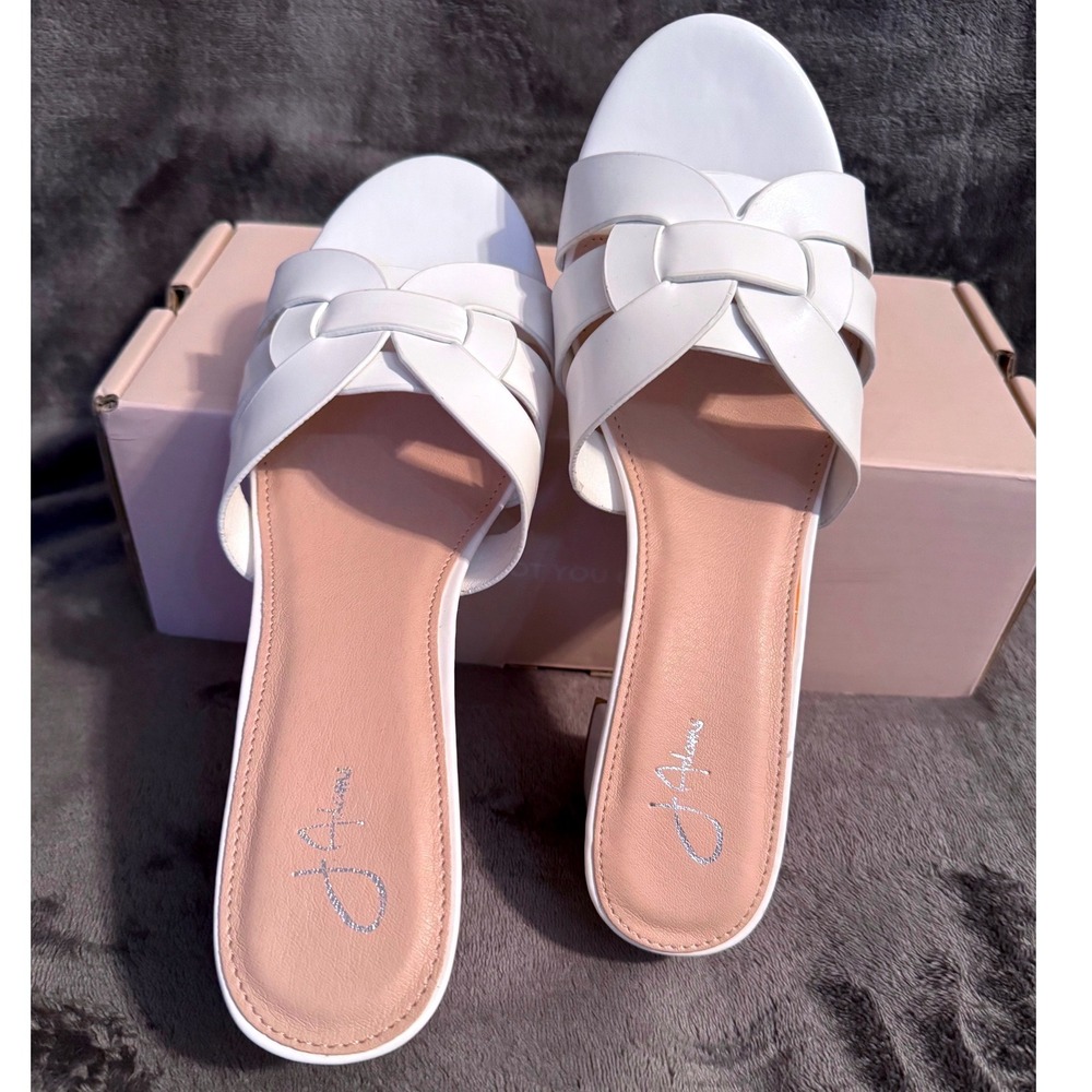 J. Adams Size 8.5 Nori White Block Heel Sandals Geometric Interlocking Strap NEW